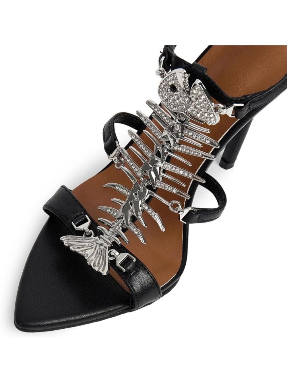 Women's 4.1inch Black Leather Fishbone Rhinestone Pointed Open Toe Sexy Heels - Picture 4 of 7